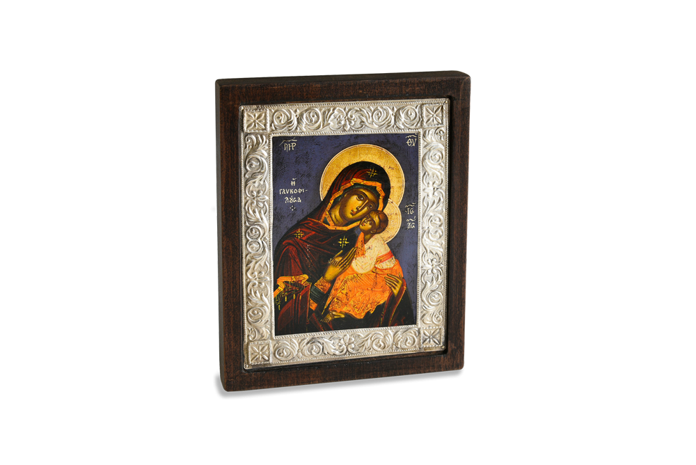 Εικόνα σε ασήμι 925° και ξύλο, χειροποίητη με αγιογραφία Παναγίας γλυκοφιλούσας 