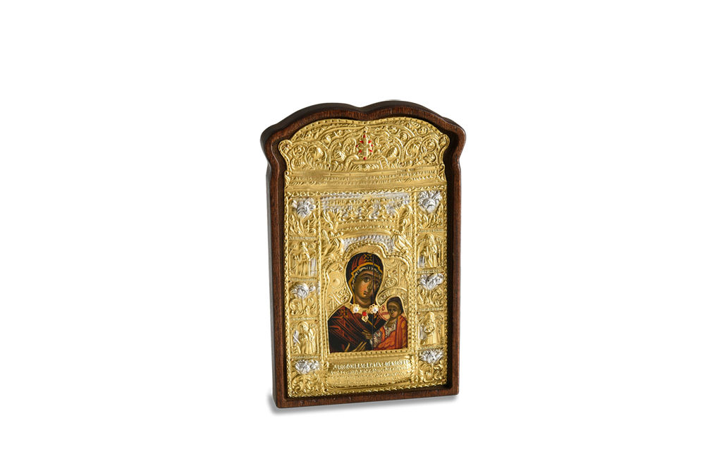 Εικόνα σε ασήμι 1000° επίχρυση, χειροποίητη Παναγία Σουμελά με αγιογραφία (1/8 της αυθεντικής)