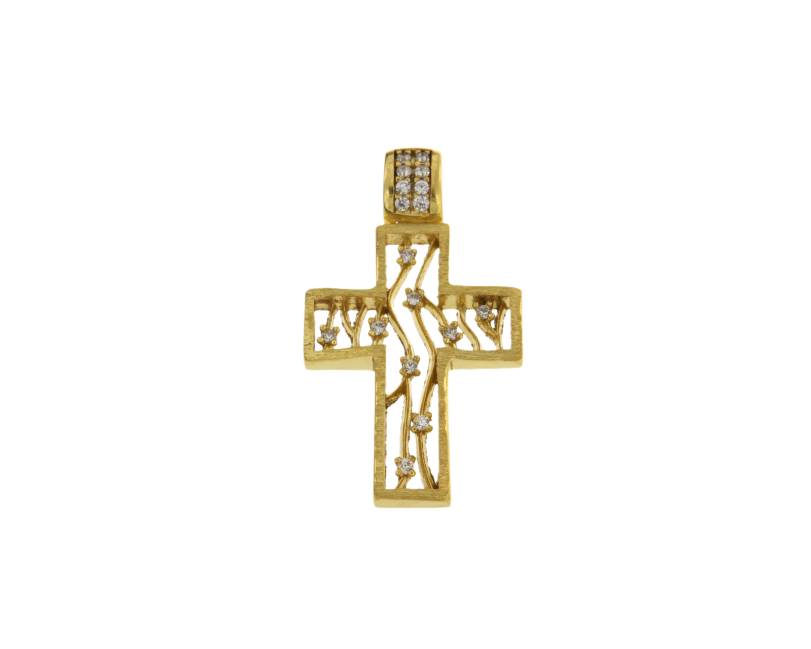 Σταυρός Βαπτιστικός για Κορίτσια σε χρυσό 14K χειροποίητος, ορθογώνιο ματ πλαίσιο με κυματιστά σαν κλαδιά με ζιργκόν 