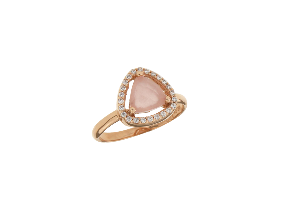 Δακτυλίδι σε ροζ χρυσό 14Κ στρογγυλεμένο τρίγωνο με γύρω ζιργκόν και στο κέντρο ένα ροζ quartz