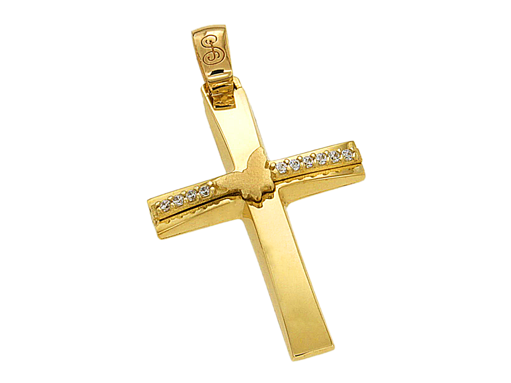  Σταυρός Βάπτισης για κορίτσι σε χρυσό 14Κ, Ορθογώνιος ελαφρώς πομπέ, γυαλιστερός με ένθετα ζιργκόν οριζοντίως και μια πεταλούδα στο κέντρο.
