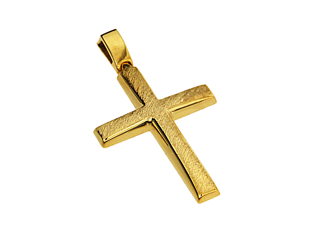 Σταυρός βαπτιστικός για αγόρι σε χρυσό 14Κ Ορθογώνιος λεπτός τετραγωνισμένος και ελαφρώς πομπέ ματ ζαγρέ, πίσω ματ γραμμωτό.