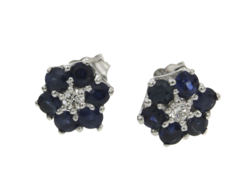 Σκουλαρίκια σε Λευκόχρυσο 18Κ Ροζέτα Αστράκι με Διαμάντι και μπλε Ζαφείρια