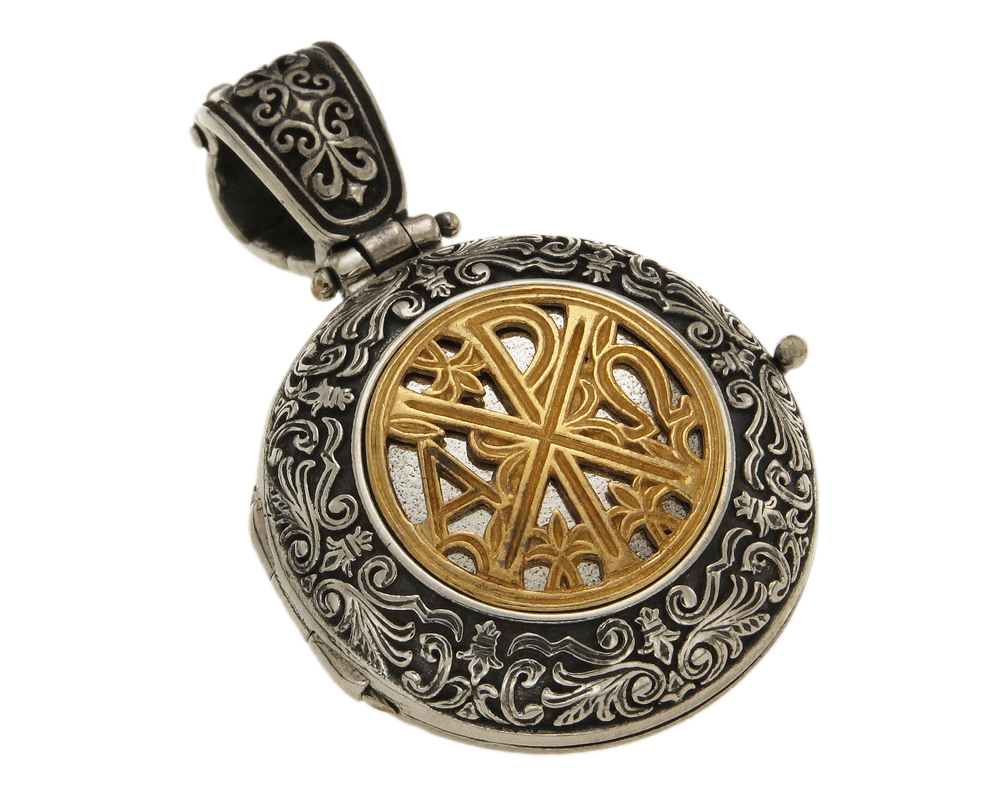 Μενταγιόν σε ασήμι 925°, Gerochristo locket, στρογγυλό με επίχρυσο βυζαντινό μοτίβο