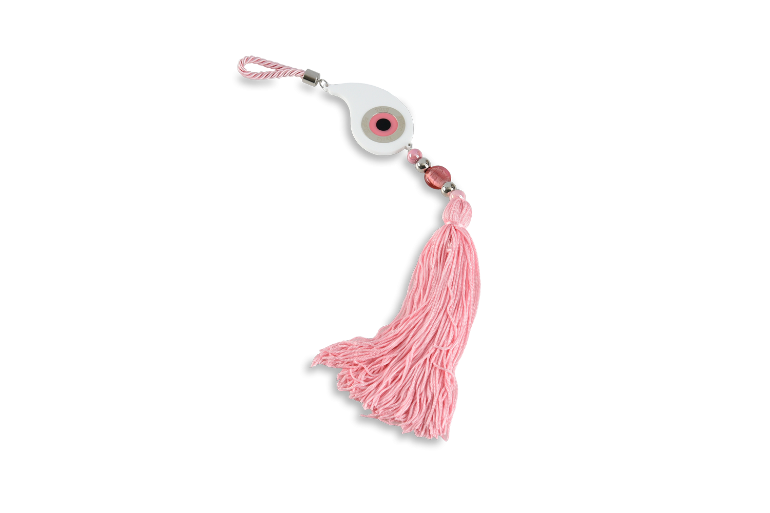 Γούρι παιιδικό με λαχούρι από πλέξι γκλας με μάτι και κύκλο ευχών, δεμένο με κορδόνι και φούντα ροζ