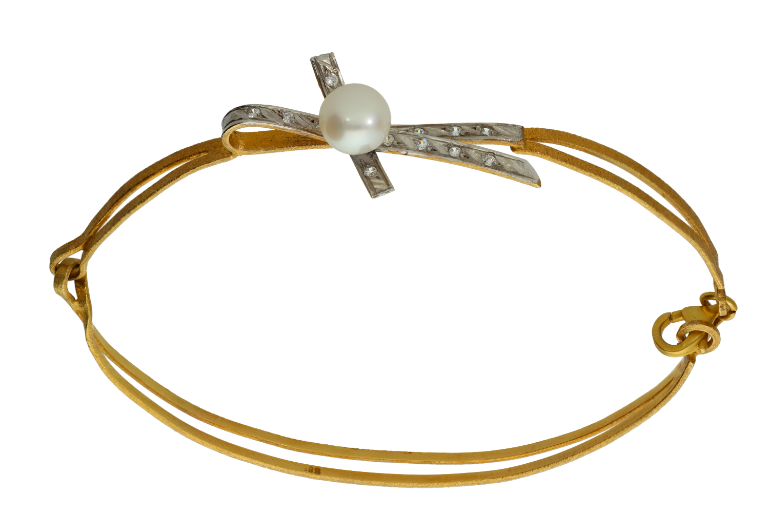 Βραχιόλι σε κίτρινο και λευκό χρυσό 14Κ χειροποίητη χειροπέδα με φιογκάκι με ζιργκόν και ένα μαργαριτάρι