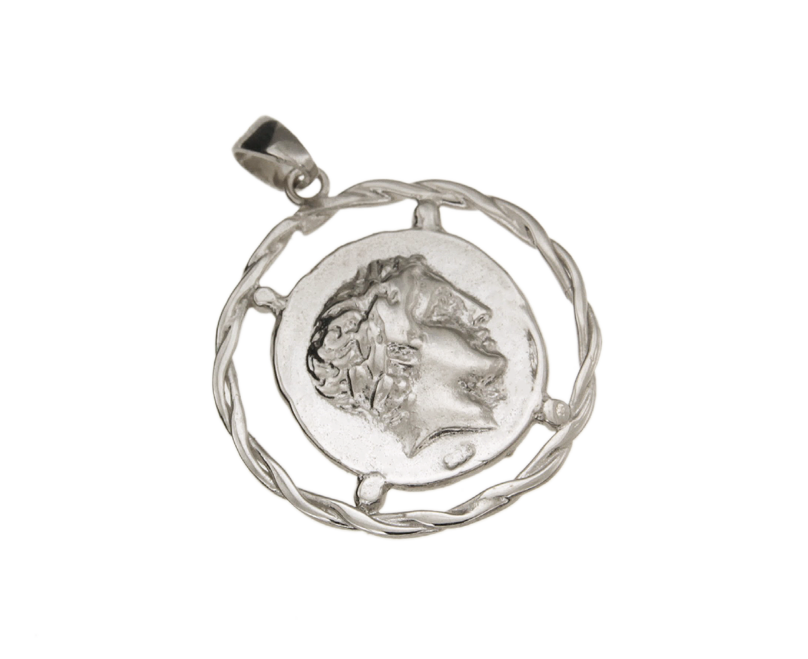 Μενταγιόν σε ασήμι 925° στεφάνι με νόμισμα με κεφαλή Απόλλωνα εποχής Φιλίππου