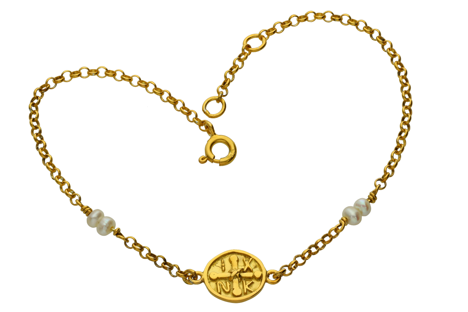 Βραχιόλι παιδικό για κορίτσι σε επίχρυσο ασήμι 925° αλυσίδα με κωνσταντινάτο και μαργαριταράκια