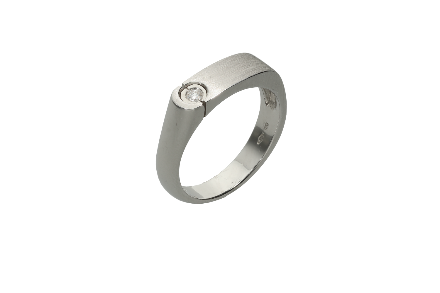 Δαχτυλίδι ανδρικό σε λευκόχρυσο 18Κ, στενό σατινέ με ένα διαμάντι