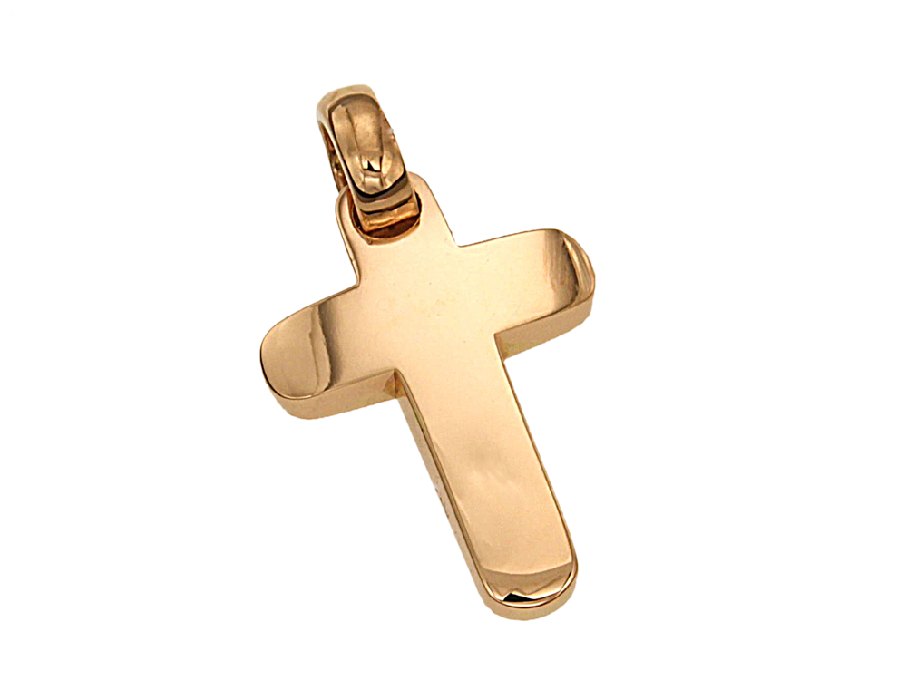 Σταυρός Βαπτιστικός για Κορίτσια σε Ροζ Χρυσό Κ18 διπλής όψεως, πομπέ και πίσω ίσιος με στρογγυλεμένες άκρες, γυαλιστερός.