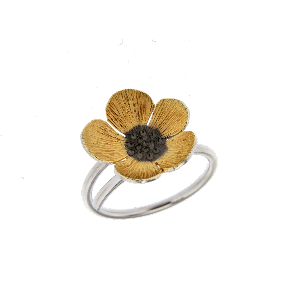 Δαχτυλίδι σε ασήμι 925° λουλούδι με επίχρυσα πέταλα και ασημένια ανοιγόμενη γάμπα