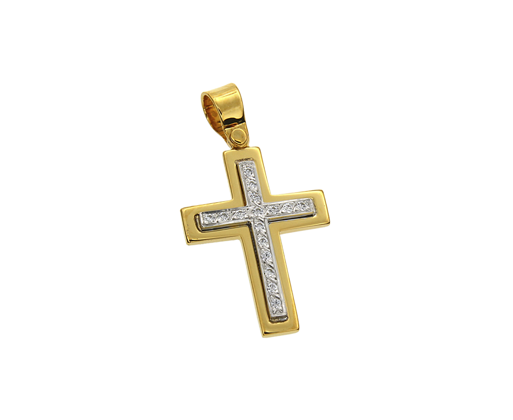 Σταυρός Βάπτισης Για Κορίτσι σε Δίχρωμο Χρυσό 14K Ορθογώνιος με ένθετο λευκό και ζιργκόν