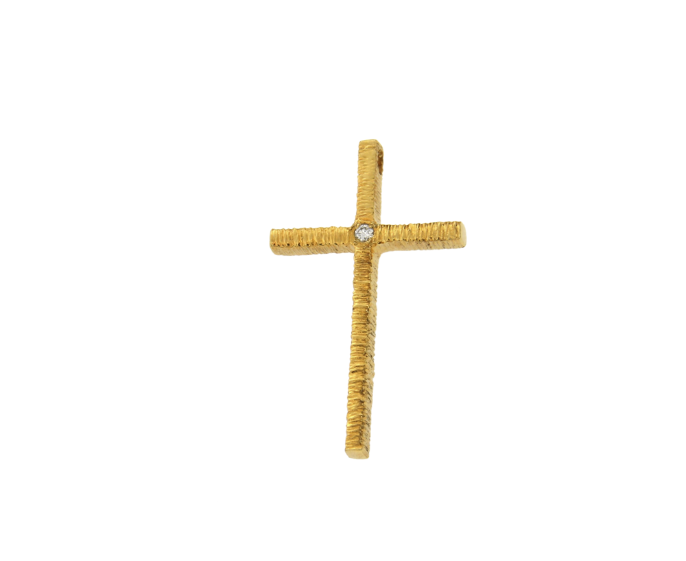 Σταυρός βάπτισης ή αρραβώνα σε χρυσό 18Κ, Σπίρτο σκαλιστό με ένα Διαμάντι στο κέντρο