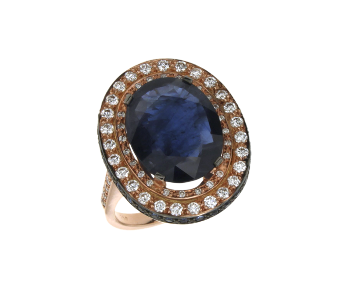 Δαχτυλίδι σε Ροζ Χρυσό 18Κ Χειροποίητη Ροζέτα με Διαμάντια και  μπλε Ζαφείρια