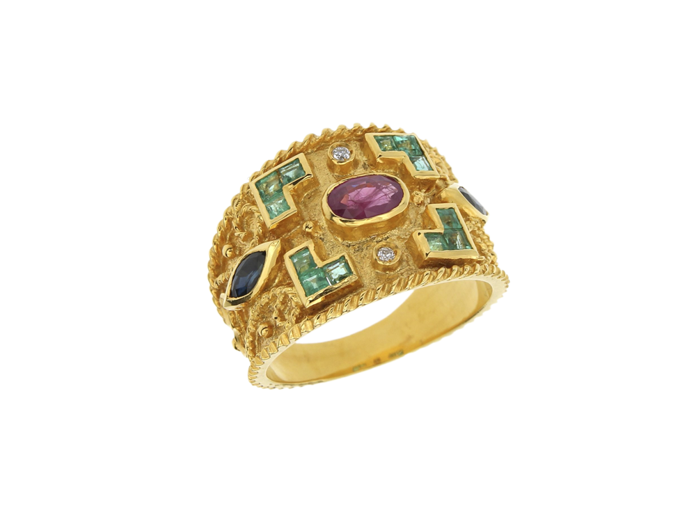 Δαχτυλίδι σε Χρυσό 18K Πολύπετρο Βυζαντινού στυλ με Διαμάντια, Ρουμπίνια, Σμαράγδια και Ζαφείρια
