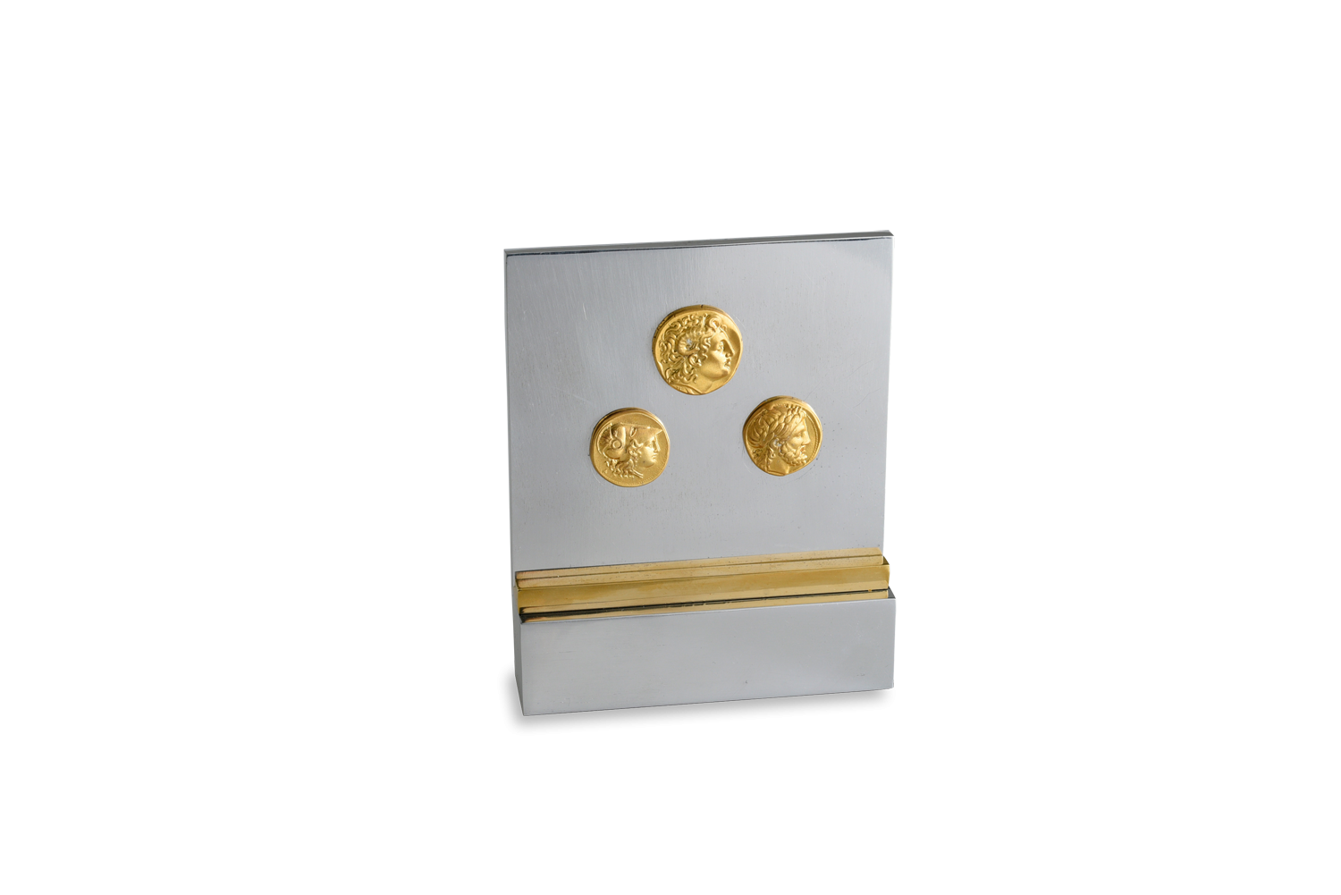Αναμνηστική πλακέτα διακοσμητική, σταντ σε αλουμίνιο με μπρούντζινη λωρίδα και Νομίσματα ασήμι 925° επίχρυσα Μακεδονικής Δυναστείας, με κεφαλές Μ.Αλεξάνδρου, Αθηνάς και Διός.