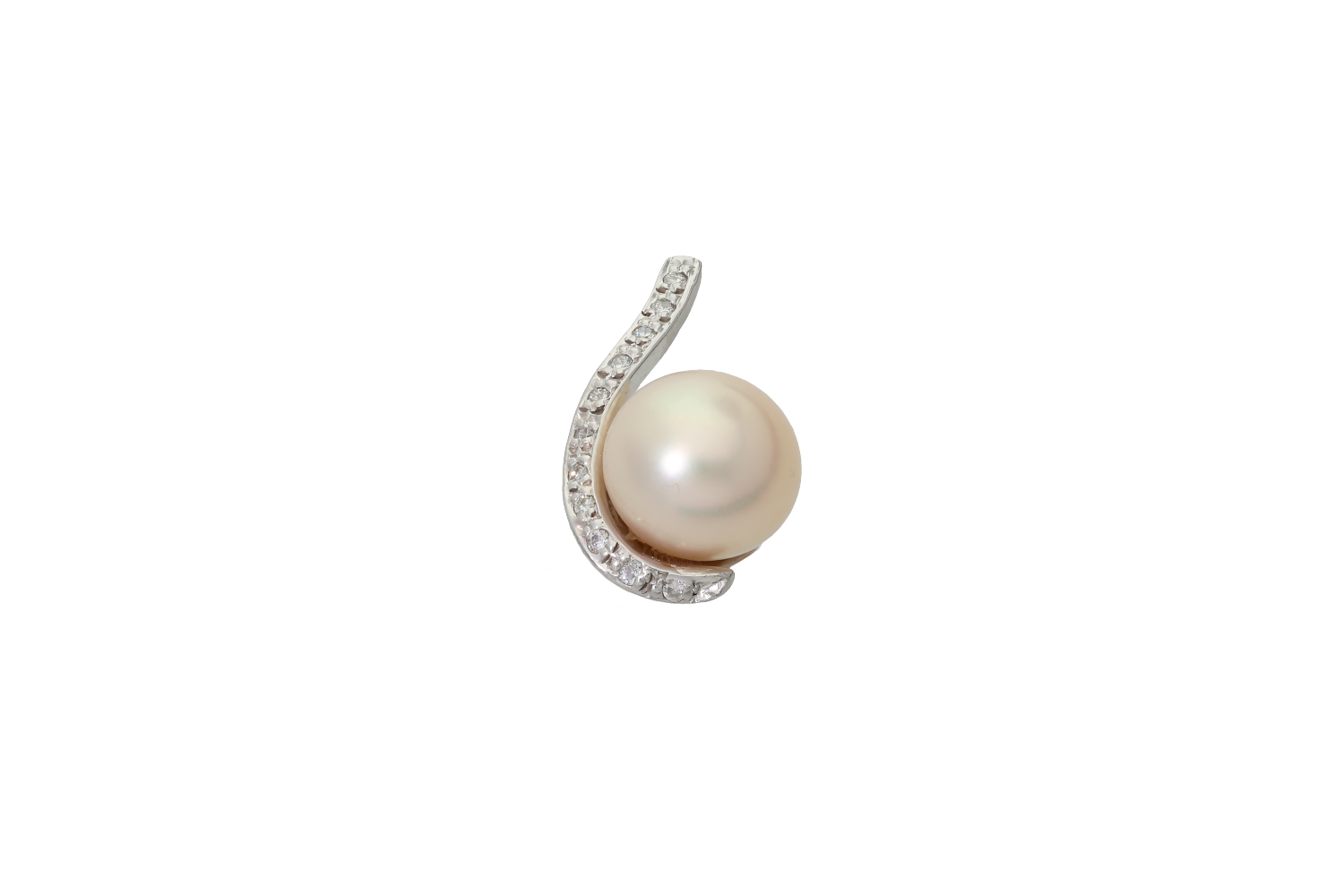 Μενταγιόν σε Λευκόχρυσο 18Κ με ένα κυματιστό στέλεχος που εφάπτεται με ένα μαργαριτάρι