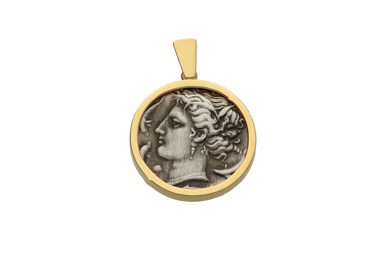 Μενταγιόν σε ασήμι και χρυσό 14Κ, στεφάνι με αργυρό Νόμισμα Συρακουσών με κεφαλή Αρεθούσας. Συλλογή Greek Coin.