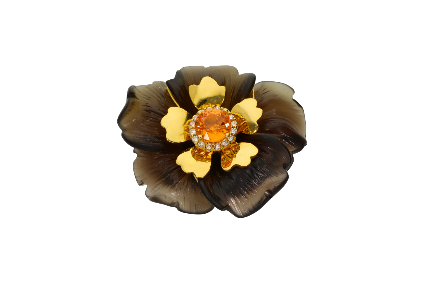 Μενταγιόν σε χρυσό 18Κ χειροποίητο με λουλούδι σκαλισμένο από καπνία και ροζέτα στο κέντρο με Mandarine garnet και διαμάντια