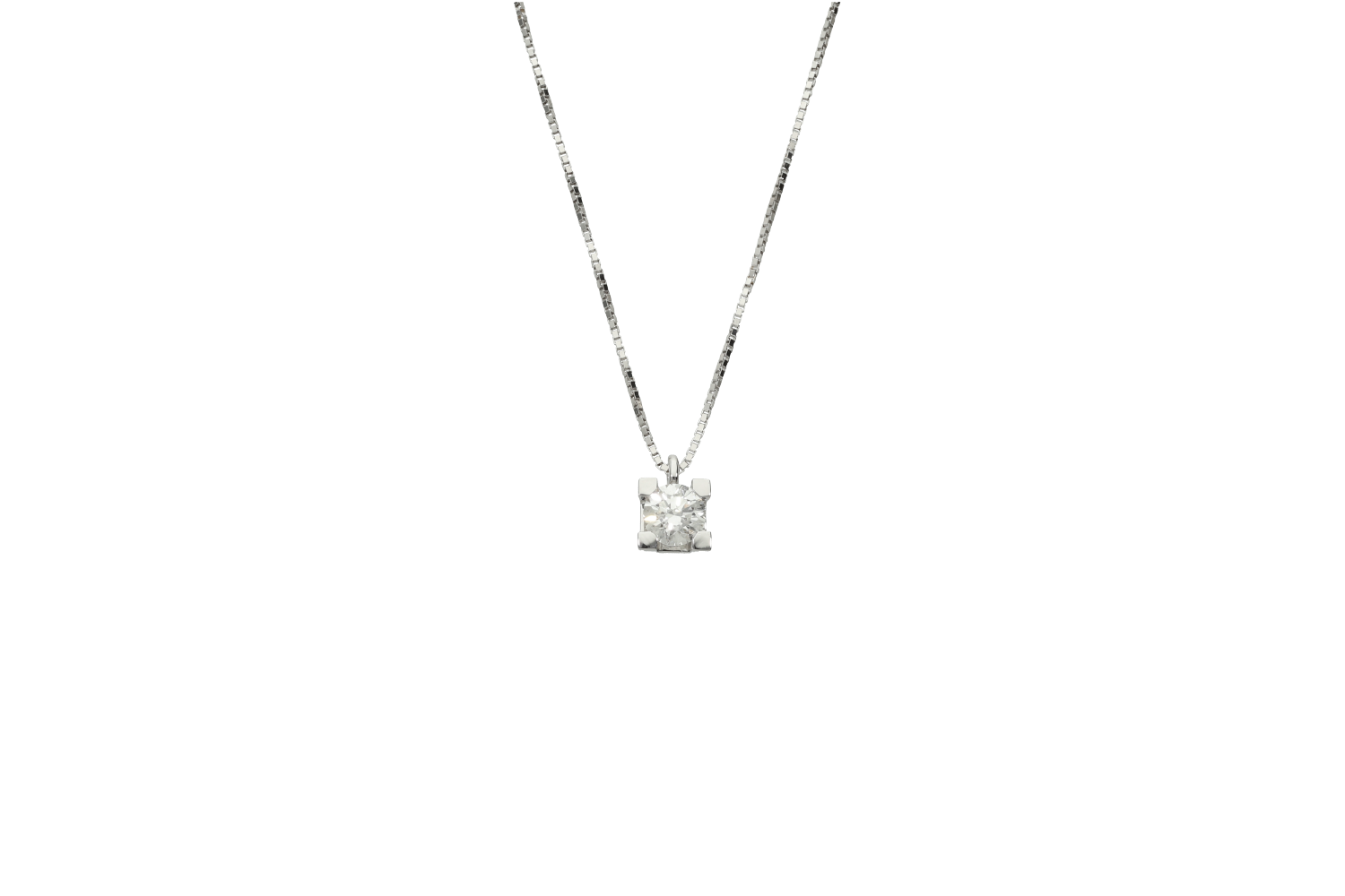 Κολιέ σε λευκόχρυσο 18Κ μονόπετρο τετράγωνο καστόνι με διαμάντι και αλυσίδα βενετσιάνα.