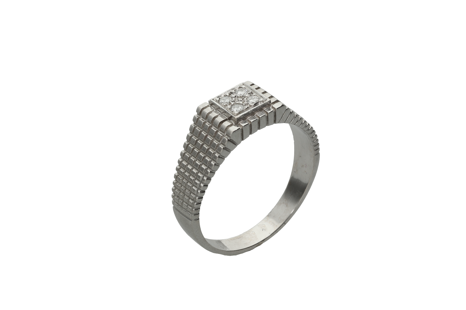 Δαχτυλίδι ανδρικό σε λευκόχρυσο 18Κ με 4 διαμάντια στο κέντρο και καρεδάκια σαν σχέδιο ντεγκραντέ