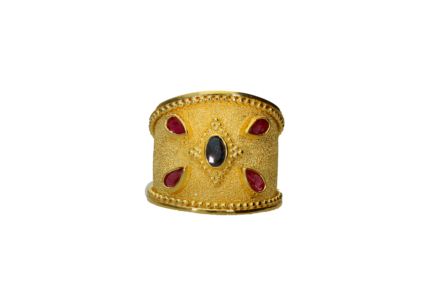 Δακτυλίδι βυζαντινό χειροποίητο σε ασήμι 925°, επιχρυσωμένο με κοκκίδωση και ορυκτές πέτρες.