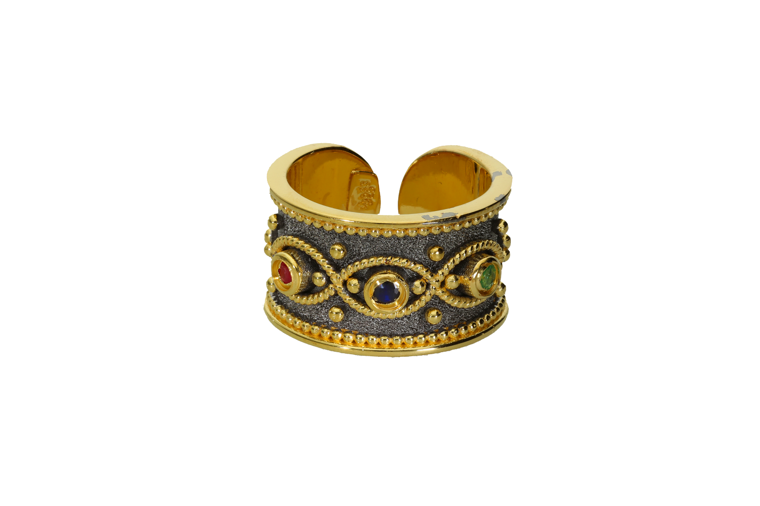 Δακτυλίδι βυζαντινό, χειροποίητο σε δίχρωμο ασήμι 925° με σμαράδγια