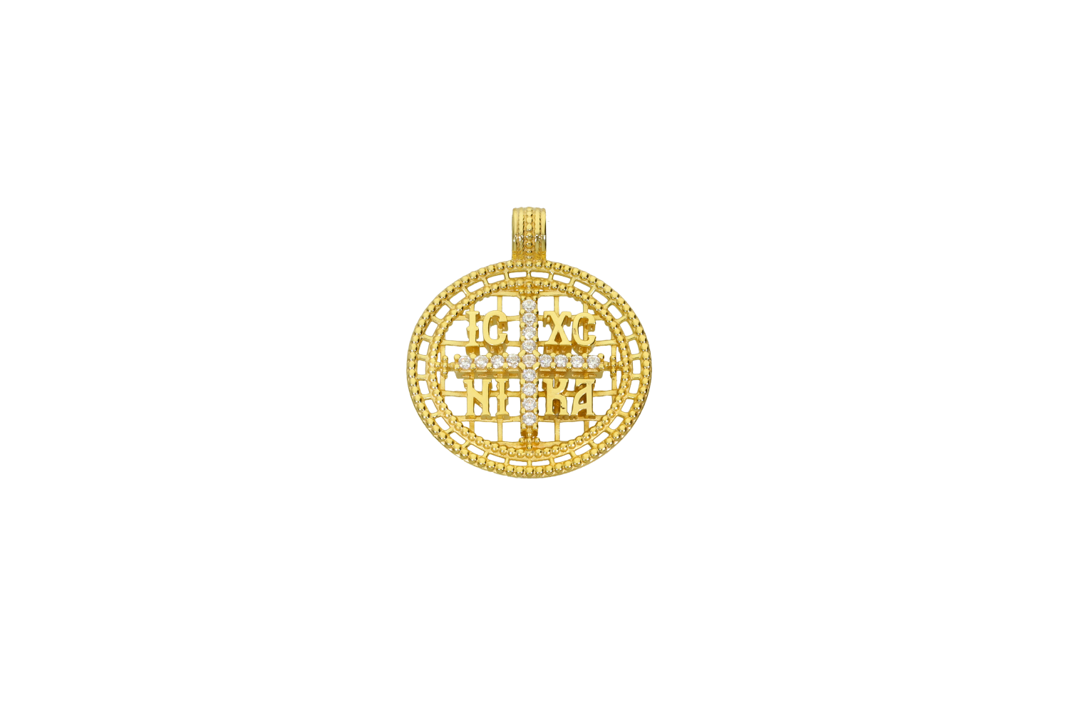 Κωνσταντινάτο σε χρυσό 14Κ στρογγυλό διάτρυτο με ανάγλυφο ICXCNIKA ζιργκόν σε σταυρό