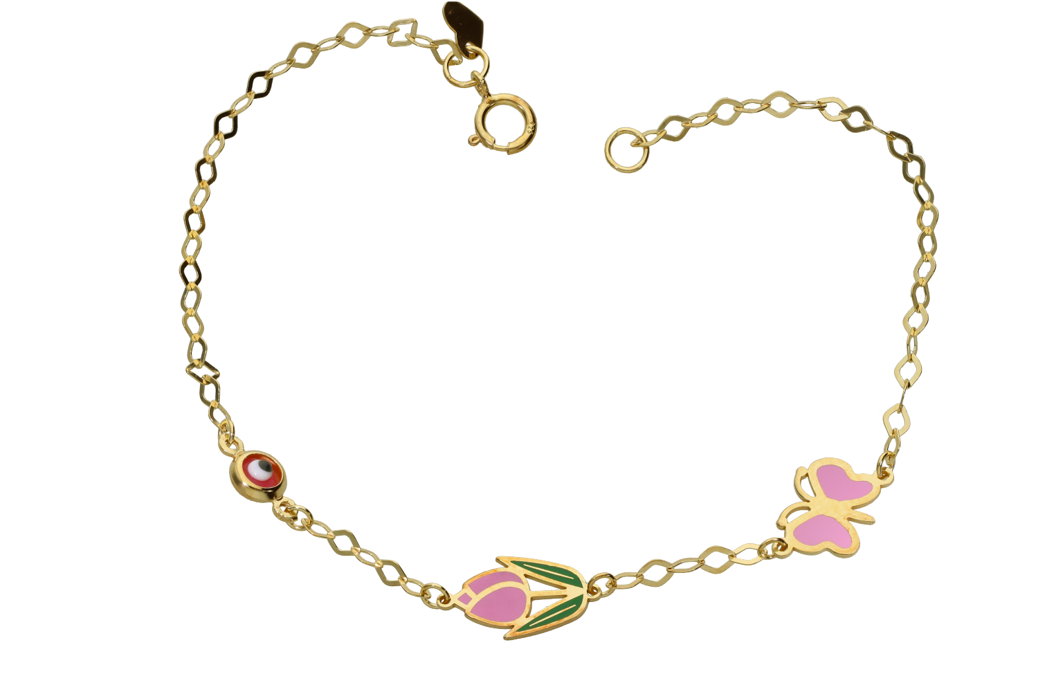 Βραχιόλι σε επιχρυσωμένο ασήμι 925° αλυσιδωτό με ένα μάτι μια πεταλούδα και μία τουλίπα