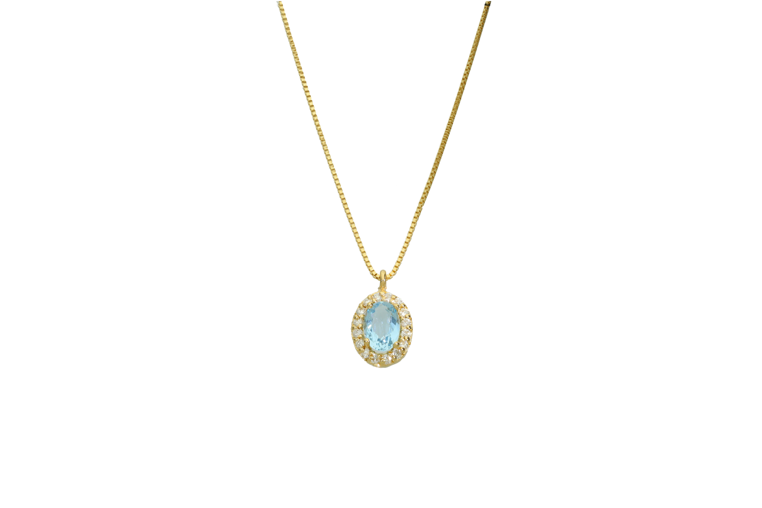 Κολιέ σε χρυσό 18Κ  ροζέτα οβάλ με Διαμάντια και ακουαμαρίνα με αλυσίδα βενετσιάνα.