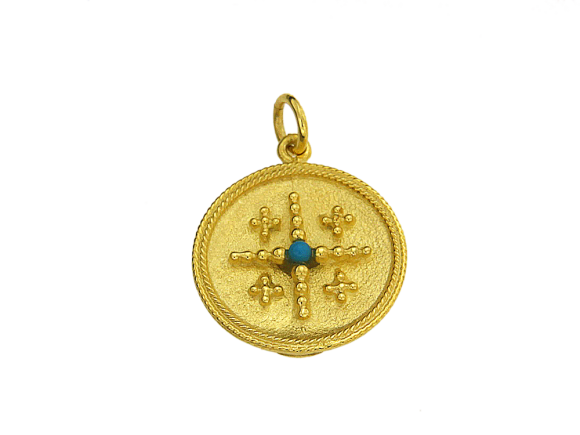 Κωνσταντινάτο σε χρυσό 14Κ στρογγυλό με σταυρό από κοκκίδωση με τυρκουάζ πέτρα, ανάγλυφο IC XC NIKA