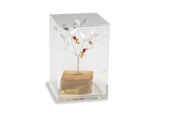 Διακοσμητικό σε Ασήμι 925° Χειροποίητο Δένδρο Ροδιάς σε ξύλινη βάση και κουτί πλέξι γκλας 