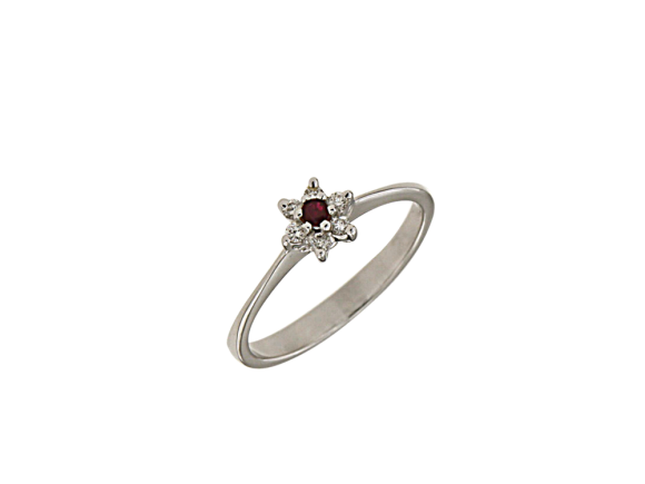 Δαχτυλίδι σε λευκόχρυσο 18K ροζέτα αστράκι με διαμάντια και ένα ρουμπίνι