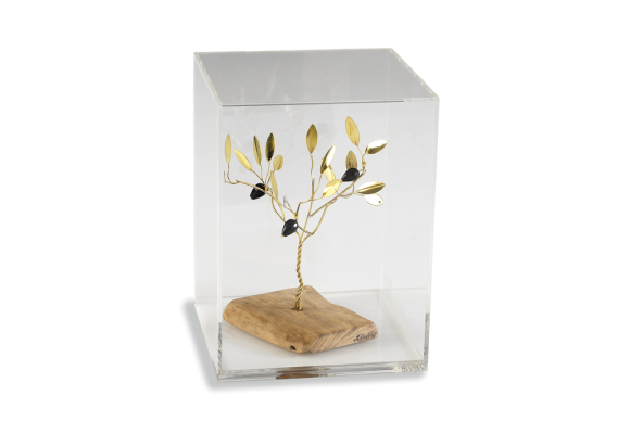 Διακοσμητικό σε Ορείχαλκο Χειροποίητο Δέντρο Ελιάς σε ξύλινη βάση και κουτί πλέξι γκλας