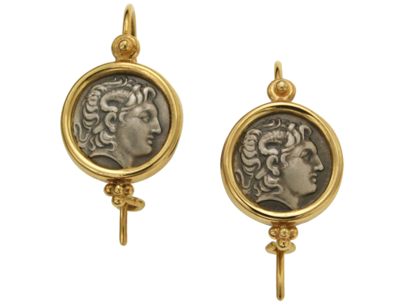 Σκουλαρίκια σε ασήμι & Χρυσό 14K Κρεμαστά με γάντζο και Νόμισμα εποχής Λυσιμάχου με κεφαλή Μ. Αλεξάνδρου