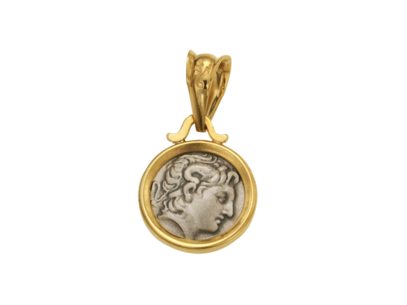Μενταγιόν σε ασήμι & Χρυσό 14K, απλό γυαλιστερό Στεφάνι με Νόμισμα εποχής Λυσιμάχου με κεφαλή Μ. Αλεξάνδρου