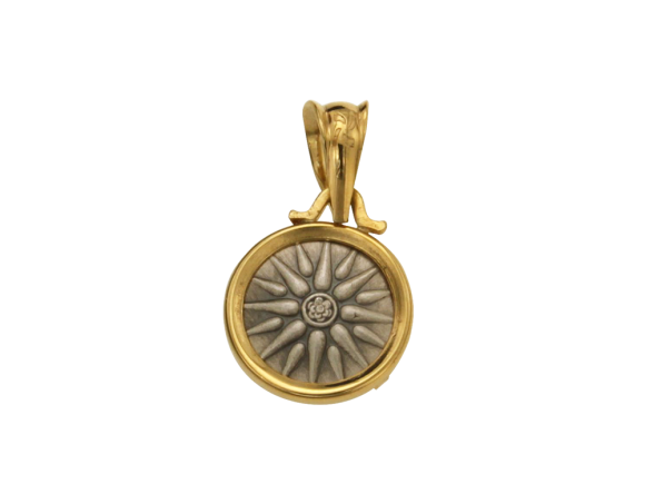 Μενταγιόν σε ασήμι & χρυσό 14K, στρόγγυλο γυαλιστερό Στεφάνι με Νόμισμα εποχής Φιλίππου Β' με Ήλιο Βεργίνας