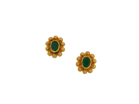 Σκουλαρίκια σε χρυσό 18K χειροποίητα οβάλ, βυζαντινά, με κοκκίδωση (μεγάλες γράνες) και σμαράγδια  