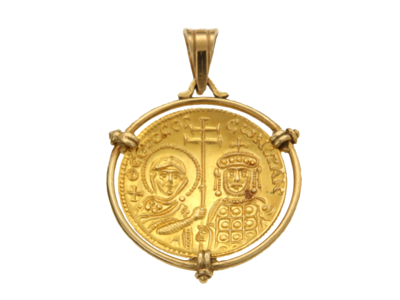 Κωνσταντινάτο σε χρυσό 14Κ Στρογγυλό δύο όψεων σε στεφάνι με γράνες, Αγ. Κωνσταντίνος και Αγ. Ελένη