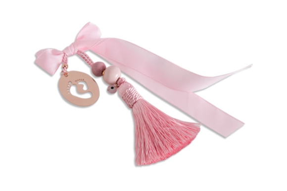 Διακοσμητικό σε ορείχαλκο ροζ επιχρυσωμένο  Οβάλ με Πατουσάκια με χάντρες και φούντα