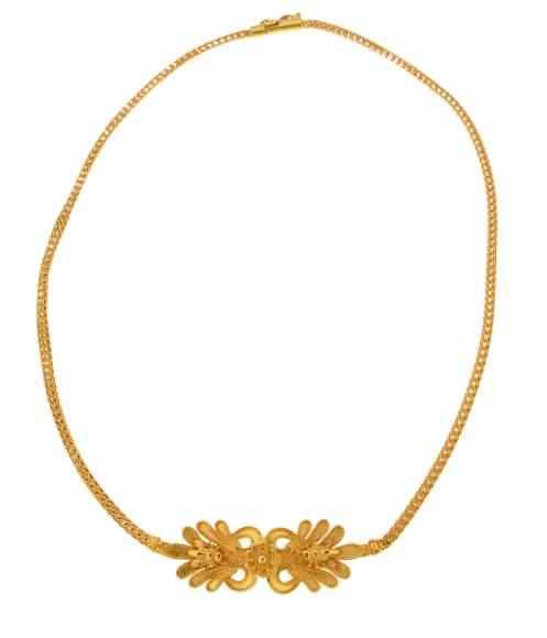 Κολιέ σε χρυσό 18Κ, χειροποίητο με δύο ανθέμια με μέλισσα και πλεκτή αλυσίδα. Μοτίφ που βρέθηκαν στη Βεργίνα, Μακεδονία.