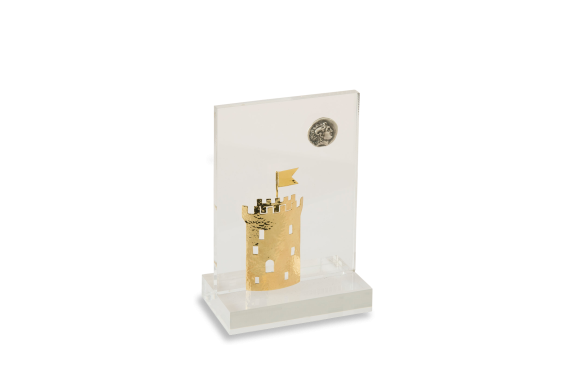 Διακοσμητικό σε πλέξι γκλας με Λευκό Πύργο σε ορείχαλκο και Νόμισμα Αλεξάνδρου σε ασήμι 