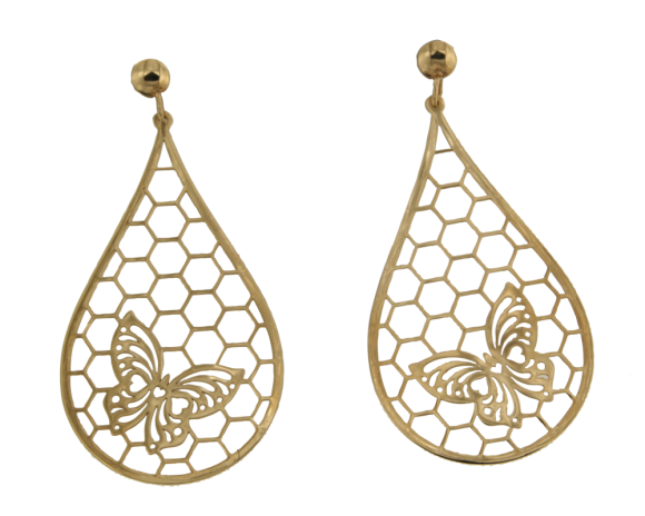 Σκουλαρίκια σε Χρυσό 14Κ κρεμαστά κερύθρα σε σχήμα σταγόνας με πεταλούδες