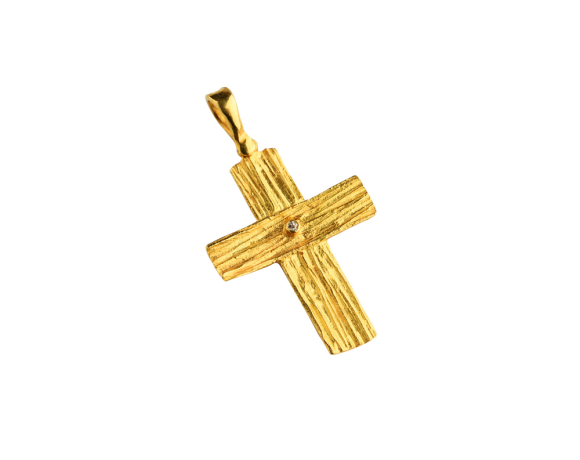 Σταυρός σε χρυσό 18Κ ορθογώνιος με οριζόντιες γραμμώσεις και ένα διαμάντι στο κέντρο