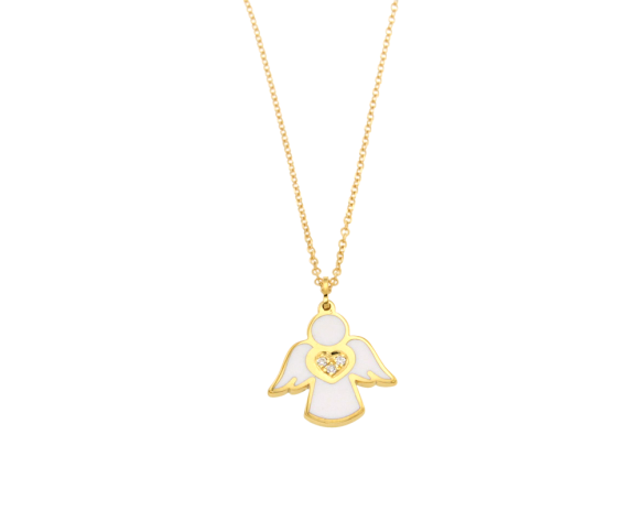 Κολιέ σε χρυσό 14Κ αλυσιδωτό με κρεμαστό αγγελάκι με λευκό κεραμικό και διαμάντια