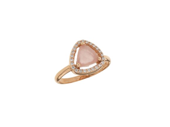 Δακτυλίδι σε ροζ χρυσό 14Κ στρογγυλεμένο τρίγωνο με γύρω ζιργκόν και στο κέντρο ένα ροζ quartz