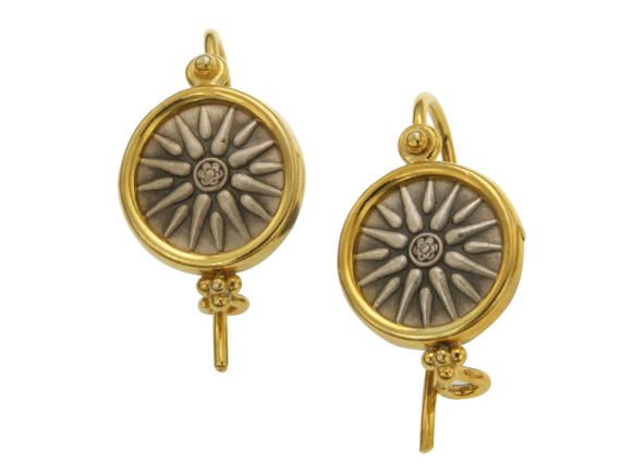 Σκουλαρίκια σε Ασήμι & Χρυσό 14K Κρεμαστά με γαντζάκι με Ελληνικό Μακεδονίκό Νόμισμα αργυρό με τον Ήλιο της Βεργίνας. 