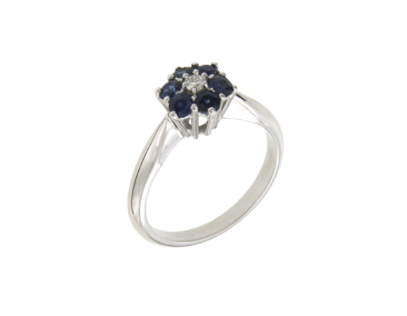 Δαχτυλίδι σε λευκόχρυσο 18Κ Ροζέτα Αστράκι με Διαμάντι και μπλε Ζαφείρια