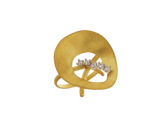 Δακτυλίδι σε χρυσό και λευκόχρυσο 14Κ χειροποίητo σατινέ με μοτίφ δάκρυ διάτρητο λοξό με διάσπαρτα ζιργκόν