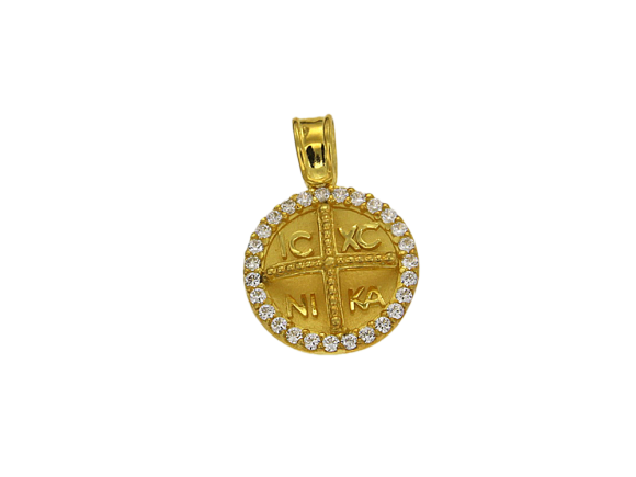 Φυλαχτό σε χρυσό 9Κ Κωνσταντινάτο στρογγυλό ΙΧΝΙΚΑ με γύρω ζιργκόν και πίσω Αγ. Κωνσταντίνος & Αγ. Ελένη, διπλής όψεως